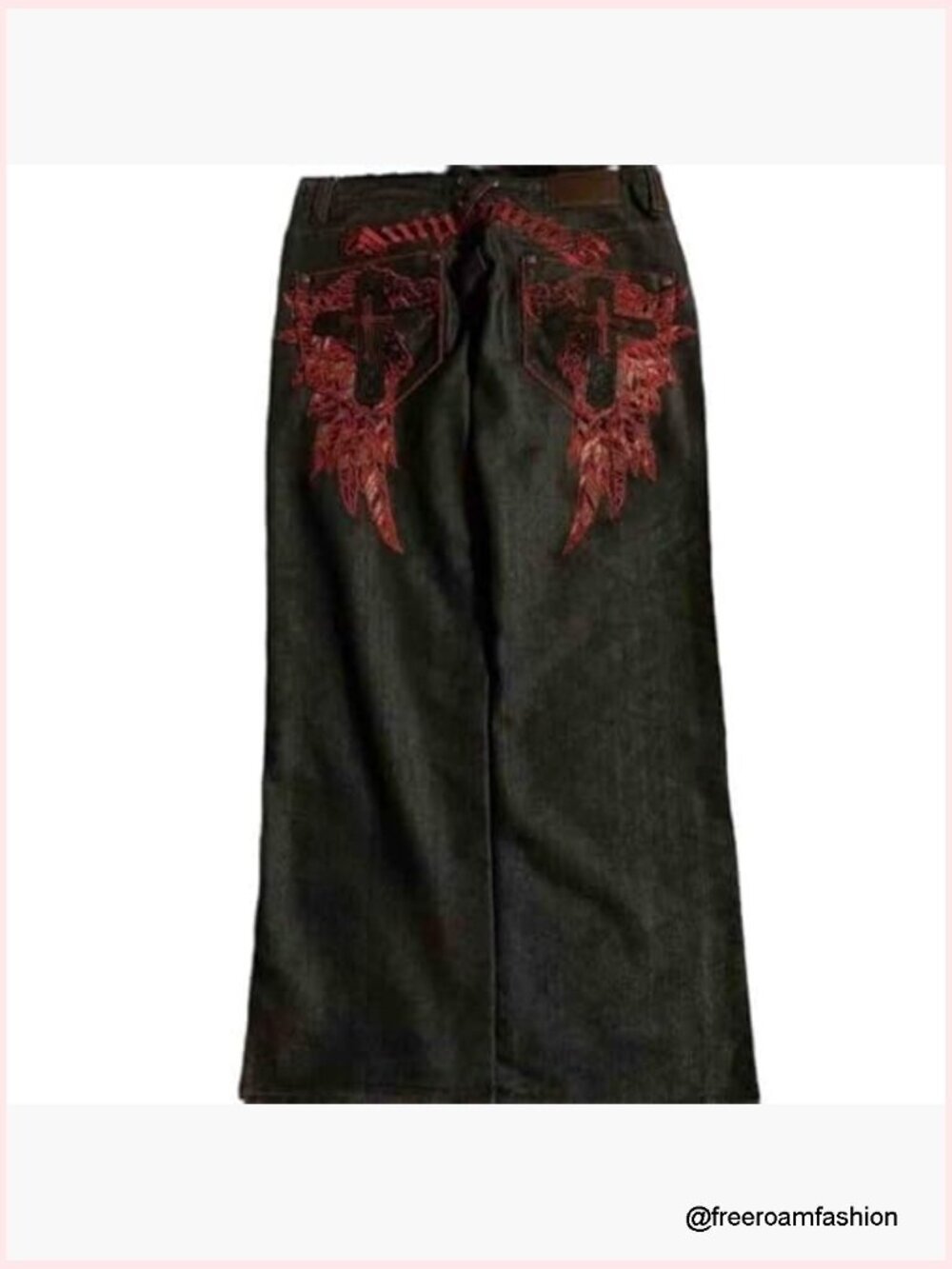 Men's Gothic Skull Embroidered Denim Jeans Y2K Hip-Hop Wide Leg Fit - Picture 4 of 5